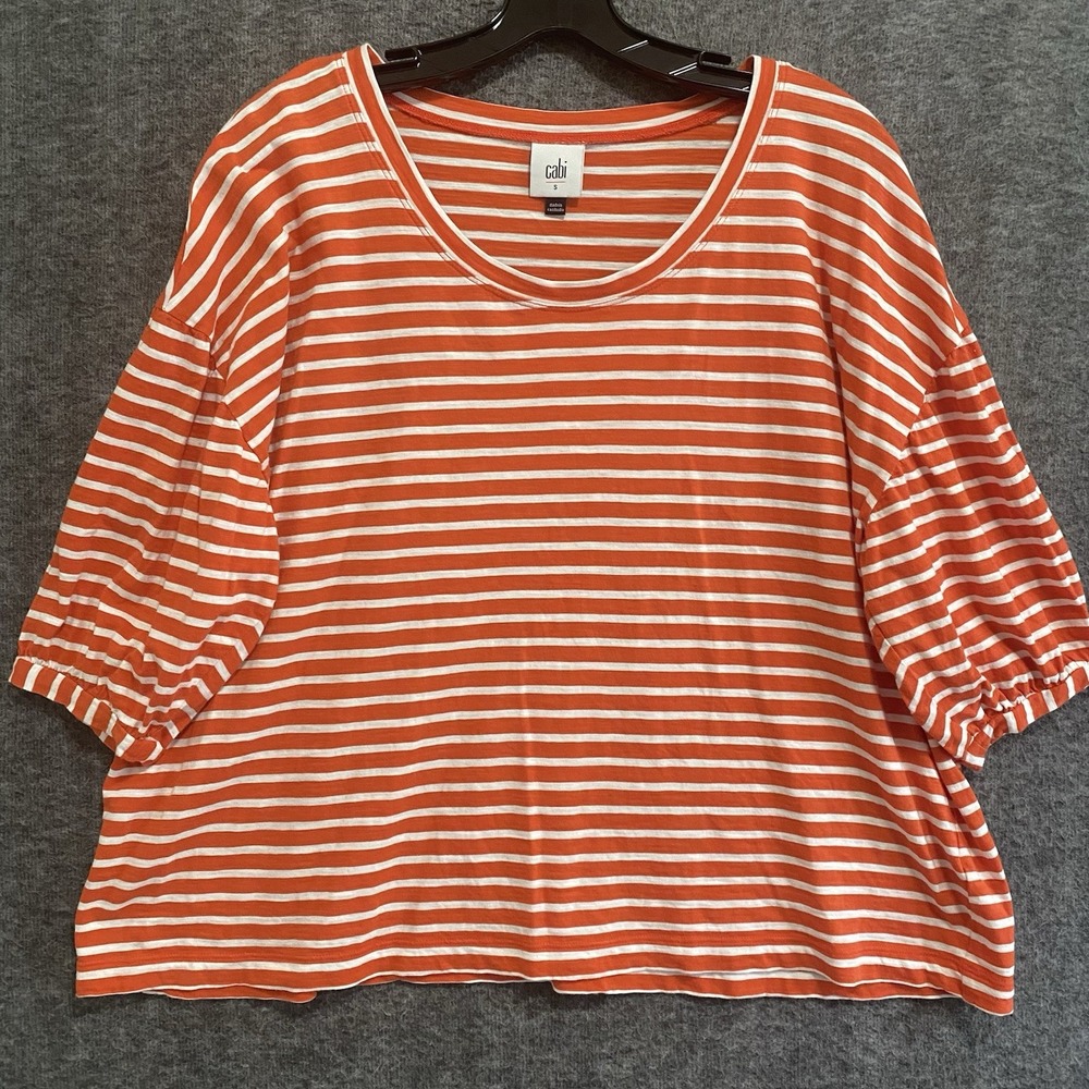 CAbi Top Womens Small Orange White Stripe Poolside Tee Boxy Oversized Style 5984